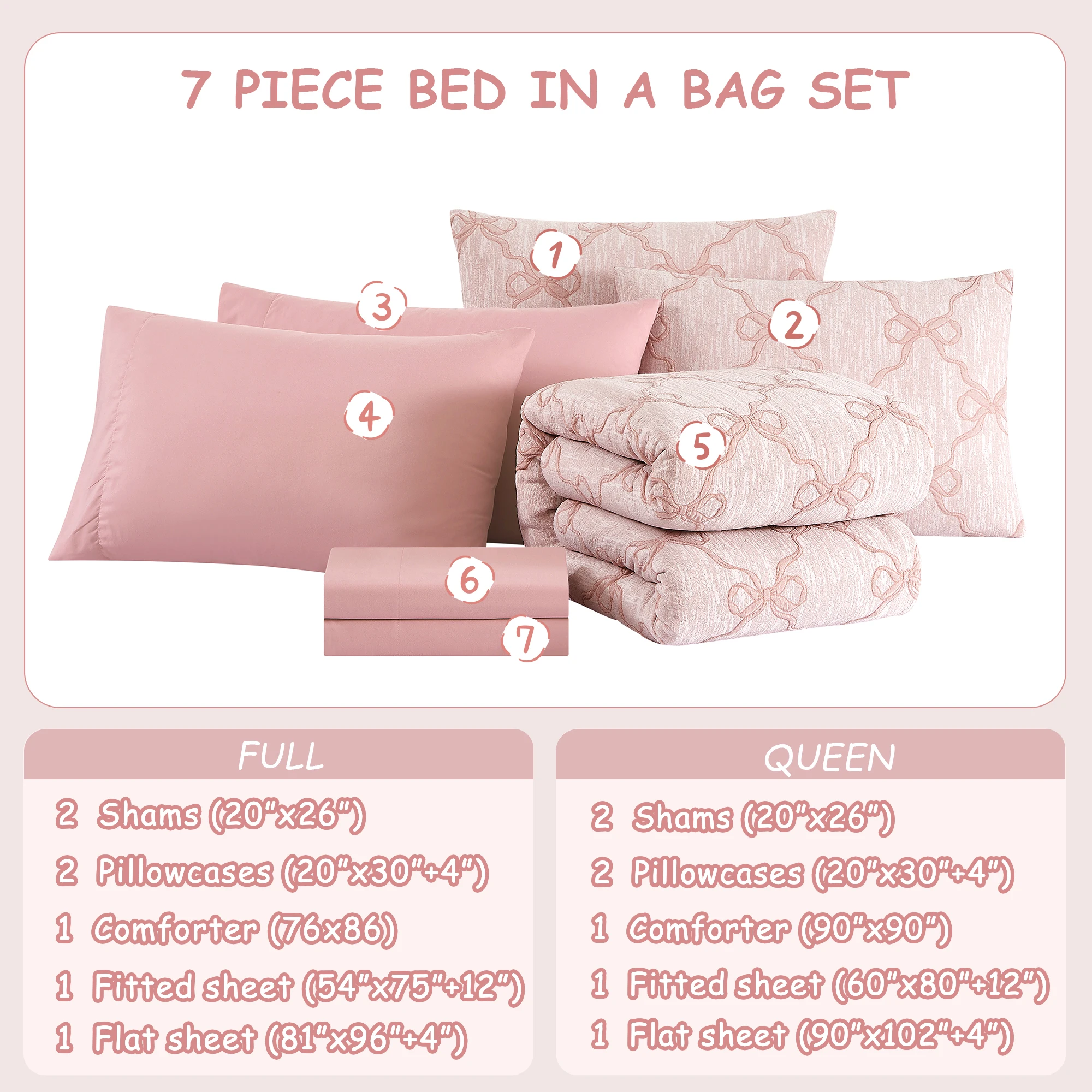 Amberspace Diamond Bow Design 7-piece Bed in a Bag Comforter Set with Sheets,Pink,Full
