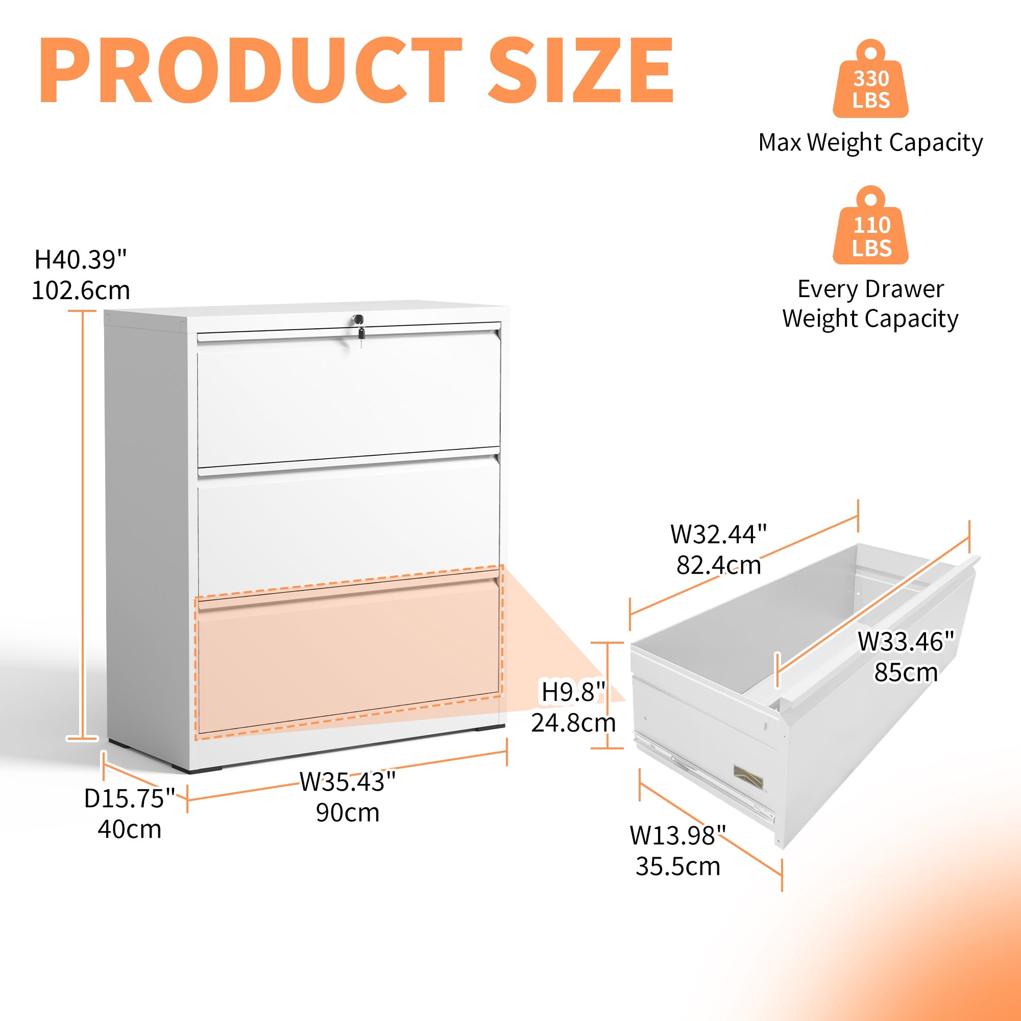 Lateral File Cabinet 3 Drawer, White Filing Cabinet with Lock, Lockable File Cabinet for Home Office, Locking Metal File Cabinet for Legal/Letter/A4/F4 Size