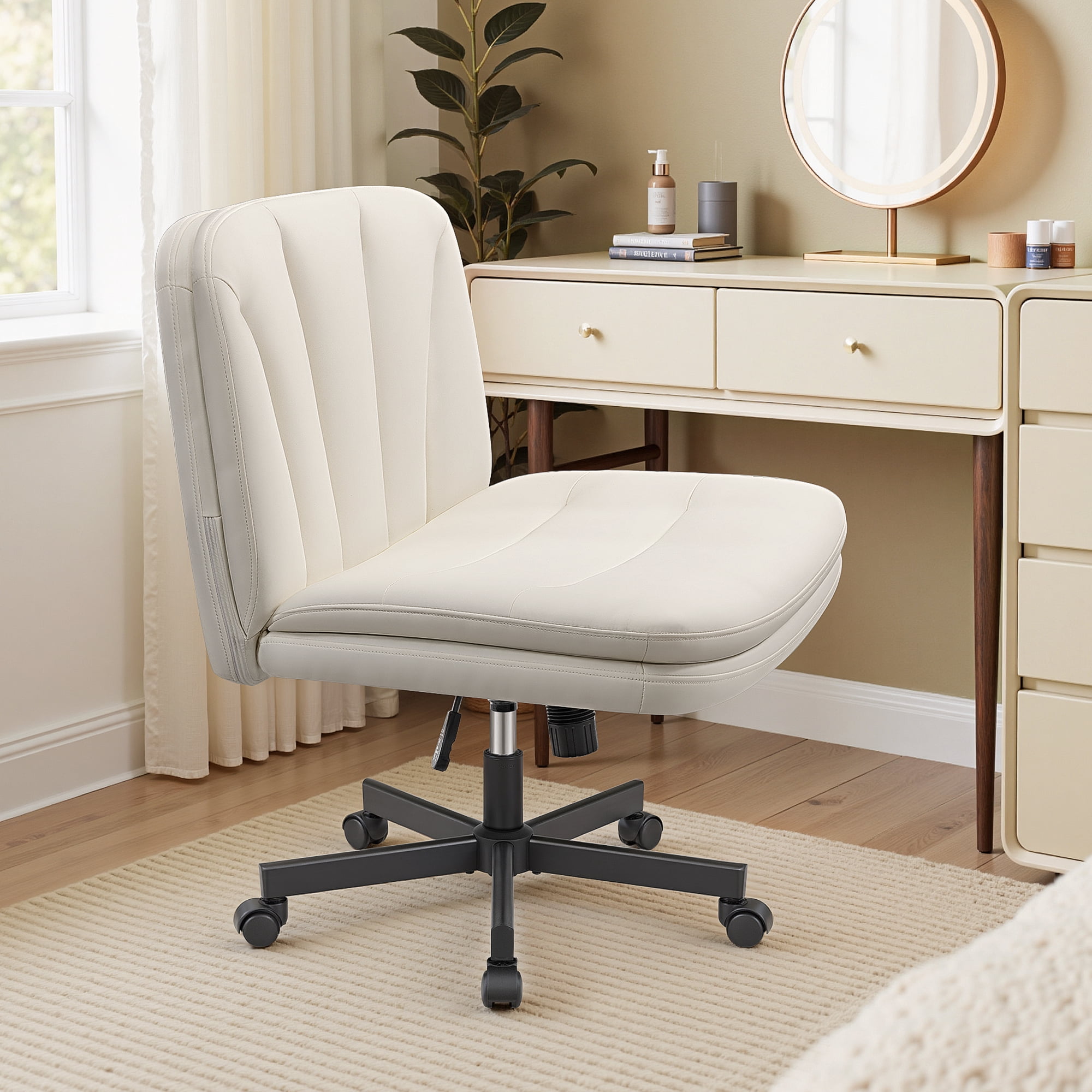 COOLHUT Cross Legged Office Chair with Wheels Armless-Office Desk Chair, Modern Vanity Computer Task Chairs for Home Bedroom, Comfortable Wide Seat for Lower Back Pain Relief, PU Leather, Beige