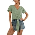 thumbnail image 1 of Pompotops Ladies Polka Dot Printing Loose V-neck Lace Button Petal Short Sleeve Top, 1 of 6
