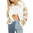 thumbnail image 4 of KOMOO Denim Patchwork Jacket Striped Button Cropped Jeans Coat Long Sleeve Lapel Short Denim Jacket Pockets, 4 of 9