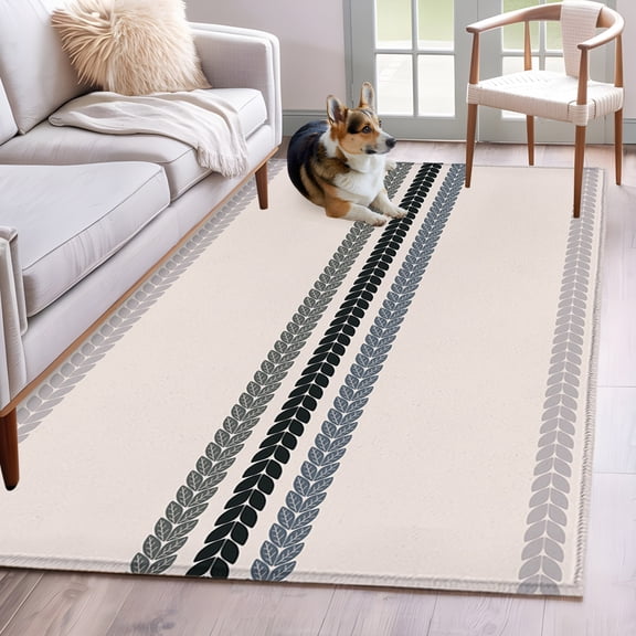 Farmhouse Area Rug 4'x6', Modern Minimalist Stripes Pattern Rustic Washable Non-Slip Rugs, Low Pile Large Carpet for Living Room Bedroom Dining Room Kitchen Office Indoor Mat