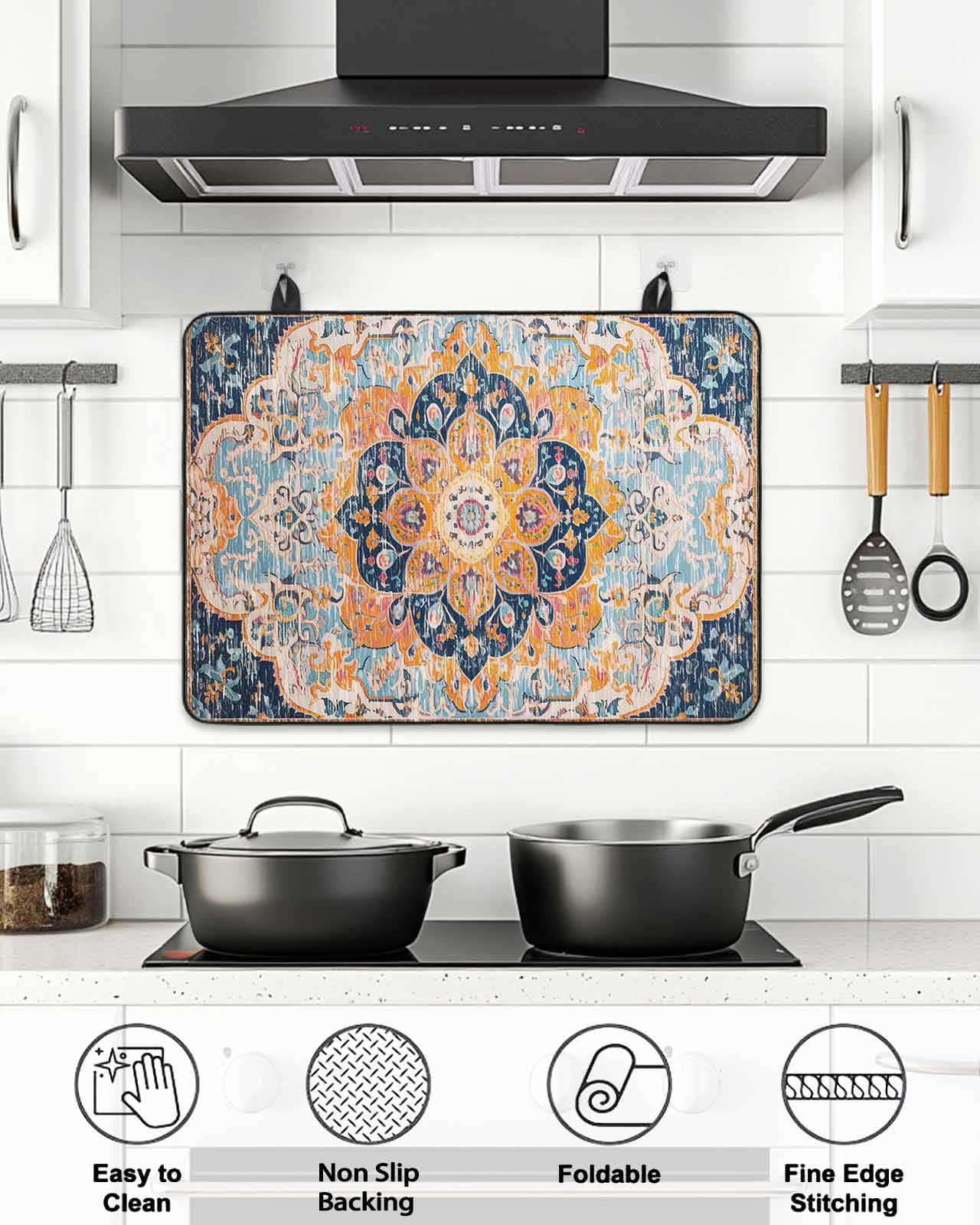 Stove Top Covers for Electric Stove, Blue Glass Stovetop Cover Protector, Ethnic Middle Century Geometric Abstract Western Induction Cooktop Protector Oven Mat for Kitchen Countertop 24"x21"