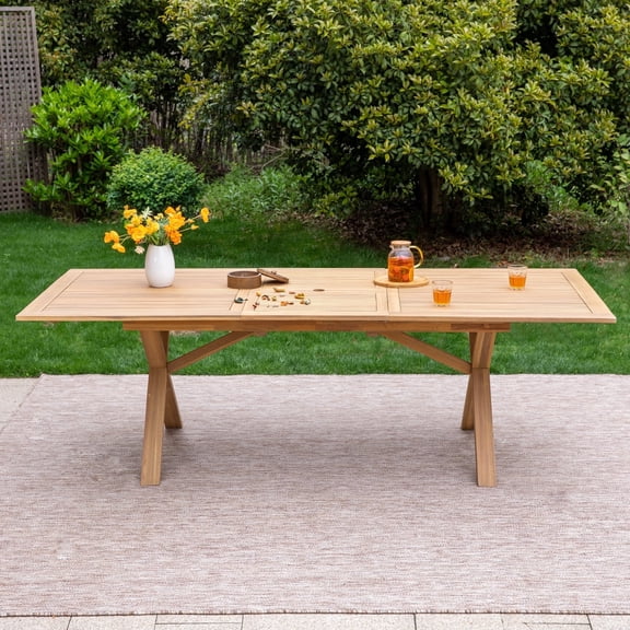 SUMMIT LIVING 100% Acacia Wood Expandable Outdoor Dining Table, Patio Oil Finished Natural Wood Table with Umbrella Hole, Suitable for 6-8 Person