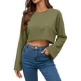 thumbnail image 4 of Craaazy Women's Loose Solid-Color Long-Sleeved Crew Neck Comfy Cropped Sweatshirts Gifts, 4 of 9