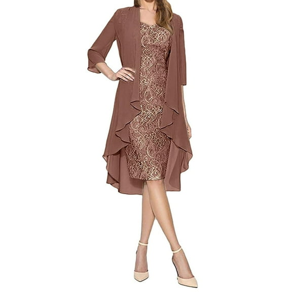 HWRETIE Dresses Women Plus Size Dress,Women's Fashion Two Pieces Charming Solid Color Mother Of The Bride Lace Dresses Coffee 2Xl