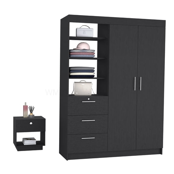 Modern Black Armoire with Nightstand, 2-Piece Bedroom Furniture Set with Hanging Space