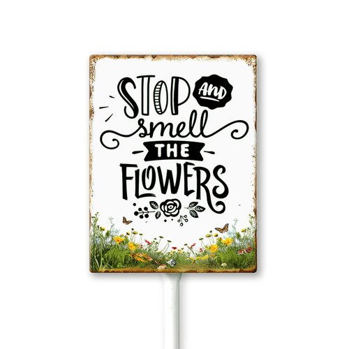 Eveokoki Garden Signs Stop And Smell The Flowers Sign with Stake Outdoor Aluminum Yard Sign Rustproof Aluminum Metal Signs Fade Resistant Lawn Decoration for Outdoor 4.6x6inch