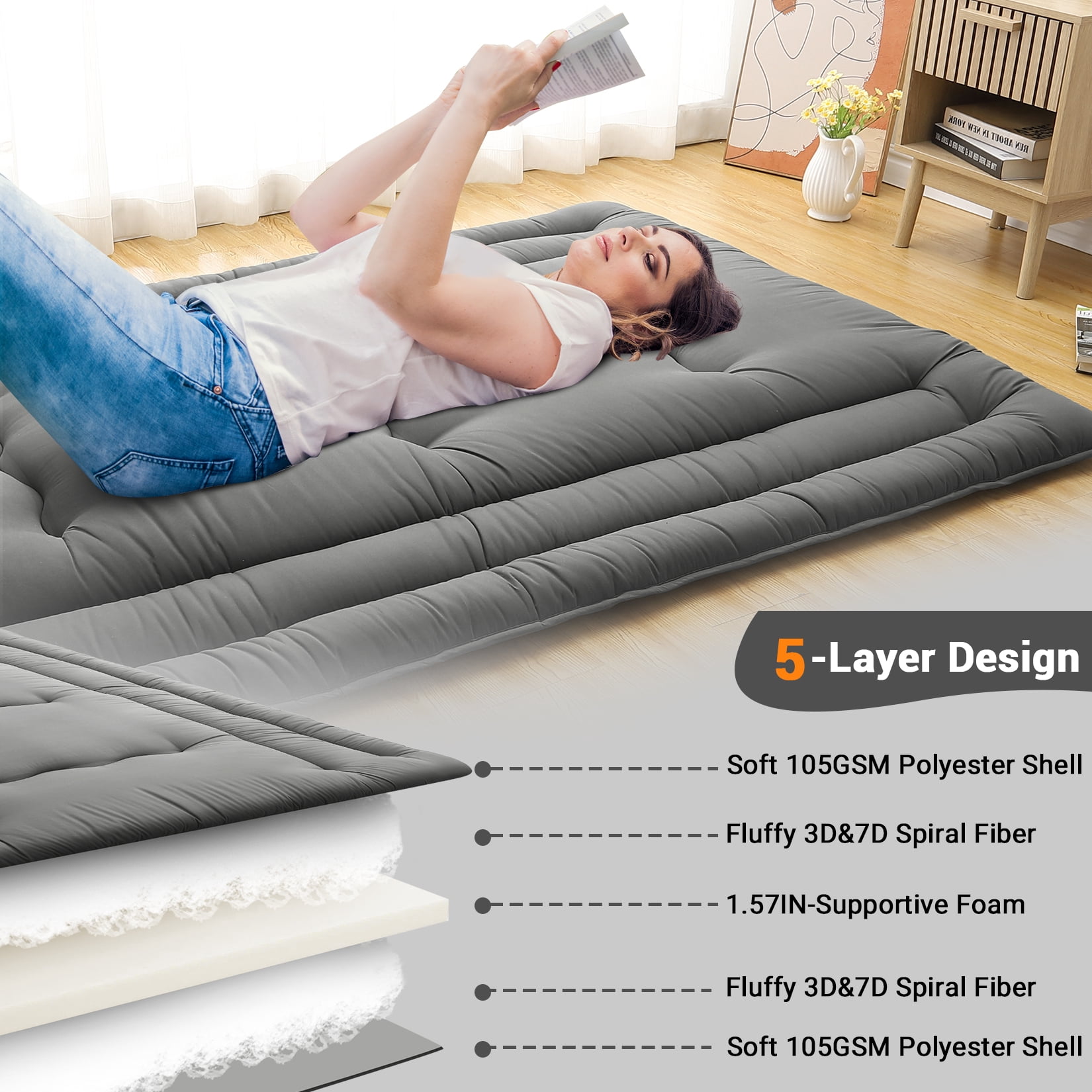 Full Size Foldable Floor Mattress, Japanese-Style Roll-Up Foam Sleeping Mat, Space-Saving Tatami Floor Bed for Living Room or Bedroom, Dark Gray