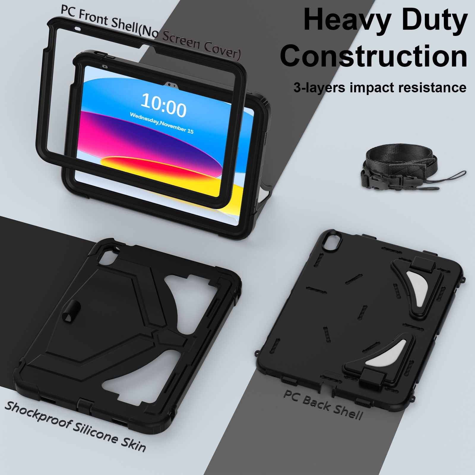 Allytechgroup Kids Case for Apple iPad A16 11" 11th Gen 2025/ iPad 10th Gen 10.9" 2022, Heavy Duty Shockproof Kickstand Cover with Shoulder Strap & Pencil Holder Kids Friendly, Black