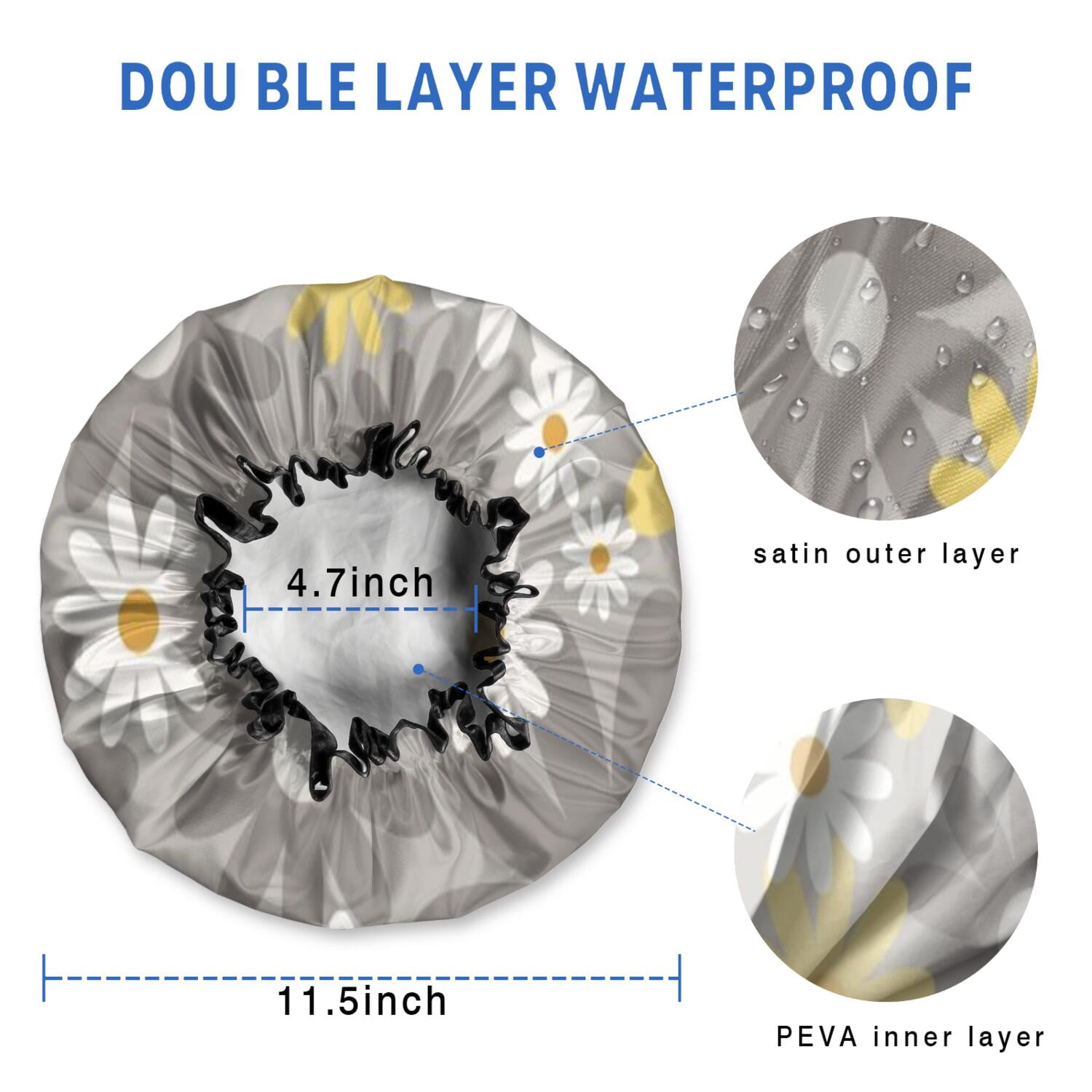 Shower Caps,Gray Daisy Flower Yellow Blooms Pattern Waterproof Shower Cap for Women 4 Pieces,Double Reusable Hair Cover for Shower PEVA Elastic Stretch Hem