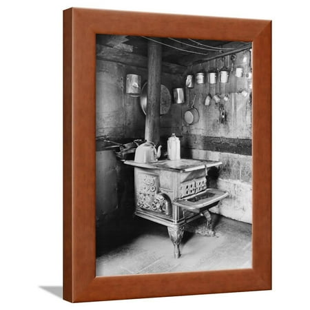 Old Stove Inside Log Cabin Kitchen Framed Print Wall Art