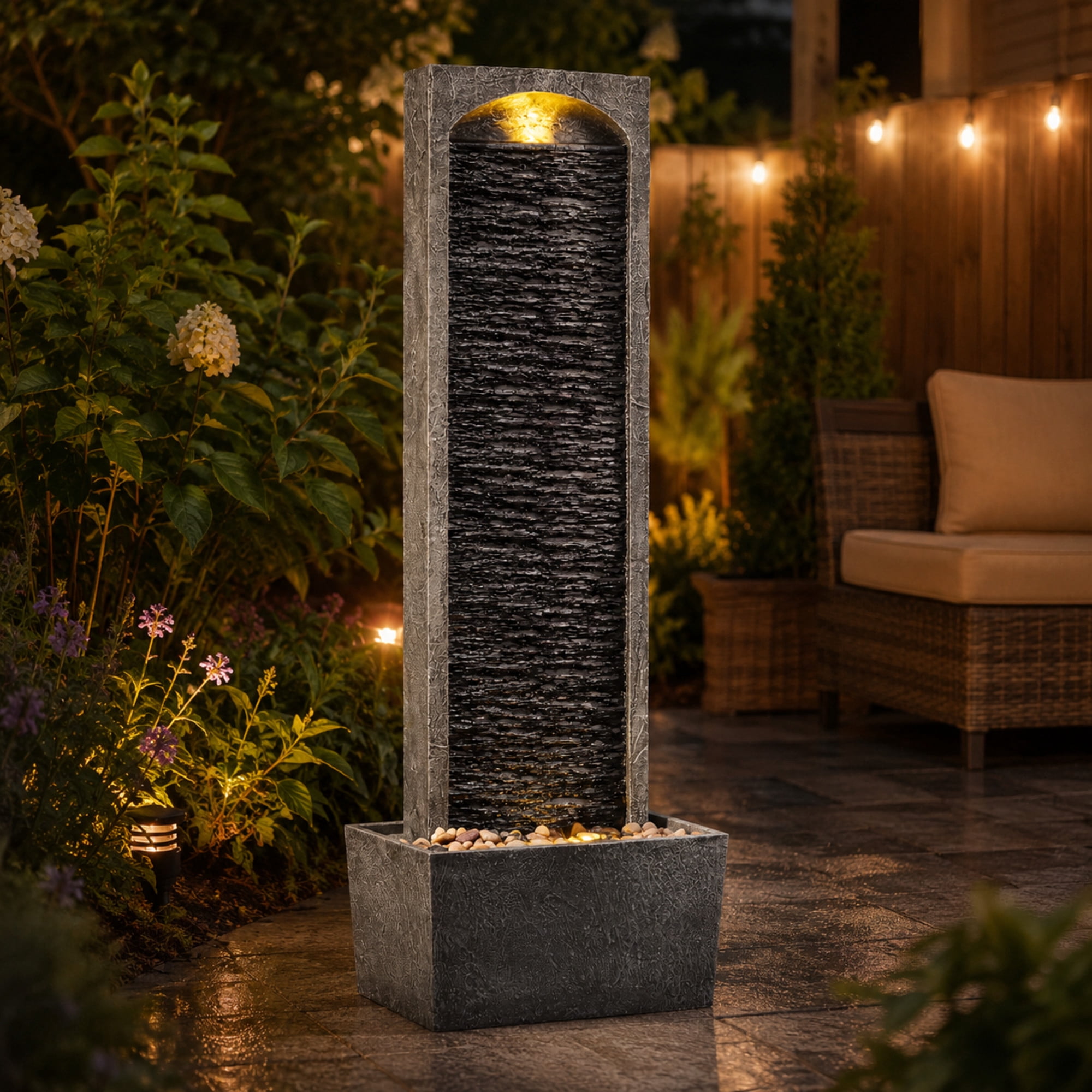 Teamson Home 38.5" Faux Slate Contemporary Outdoor LED Waterfall Fountain with Pebble Base, Gray/Black