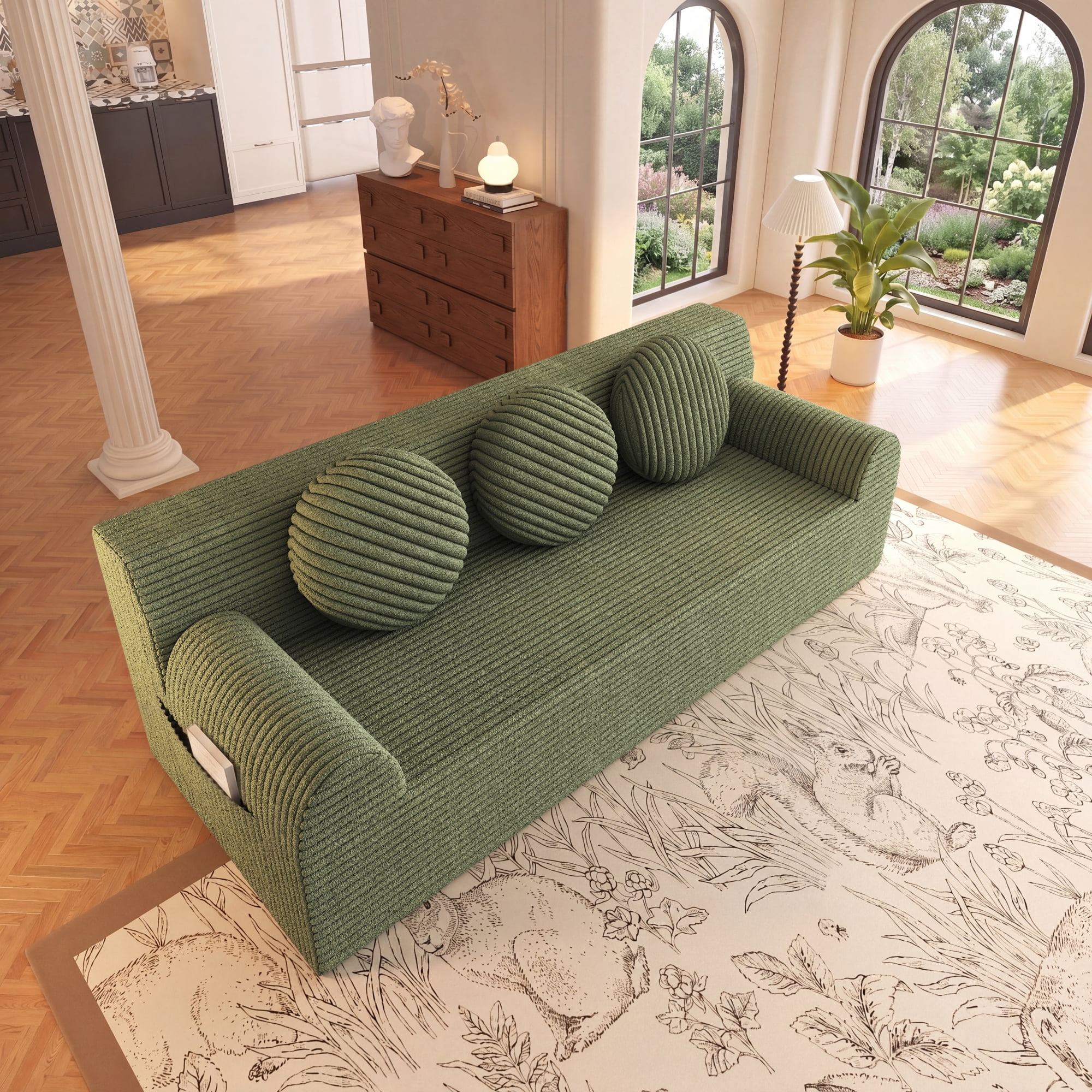 HOQBN Boneless Sofa Couch for Living Room,71" 3 Seater Sofa with Deep Seat Design and 3 Round Pillows,Comfy Corduroy Fabric Loveseat Couch,No Assembly,Antique Green