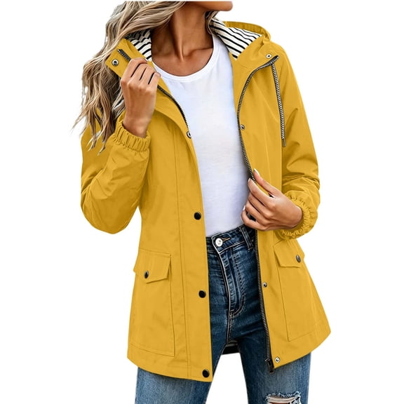 hoksml Women's Waterproof Hooded Rain Jacket Lightweight Windproof Drawstring Coat Outdoor Travel Daily