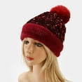 thumbnail image 2 of HXWCHs Women's Sequin Hat Warm Knitted Winter Cap with Detachable Pom M Red, 2 of 4