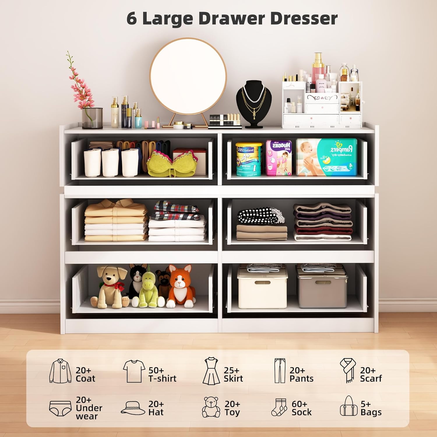 HAUXITIO 6 Drawer Dresser Chest with Charging Station and LED Lights for Bedroom, Modern TV Stand Cabinet, White