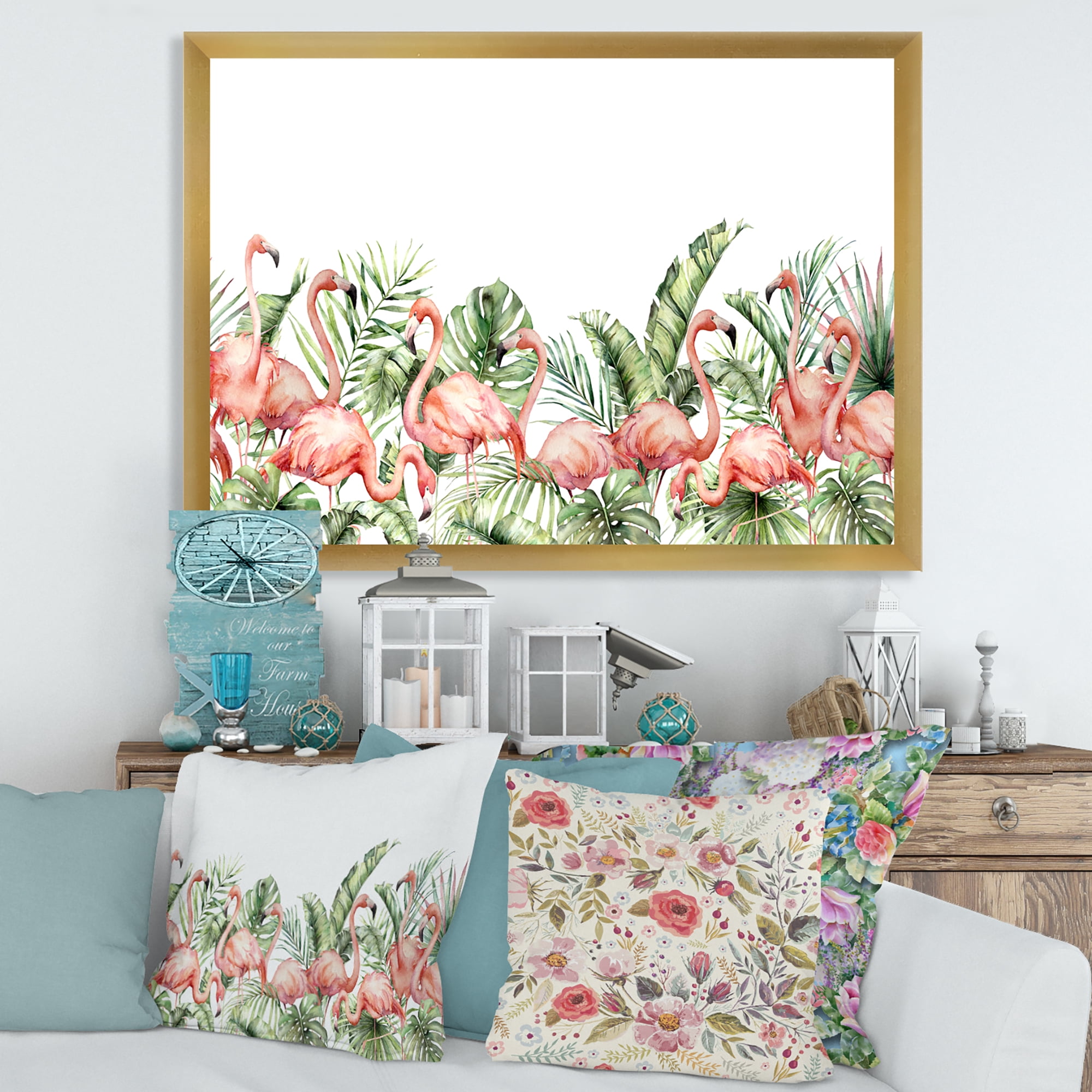 Designart 'Palm Leaves and Pink Flamingos Tropical Birds' Traditional Framed Art Print