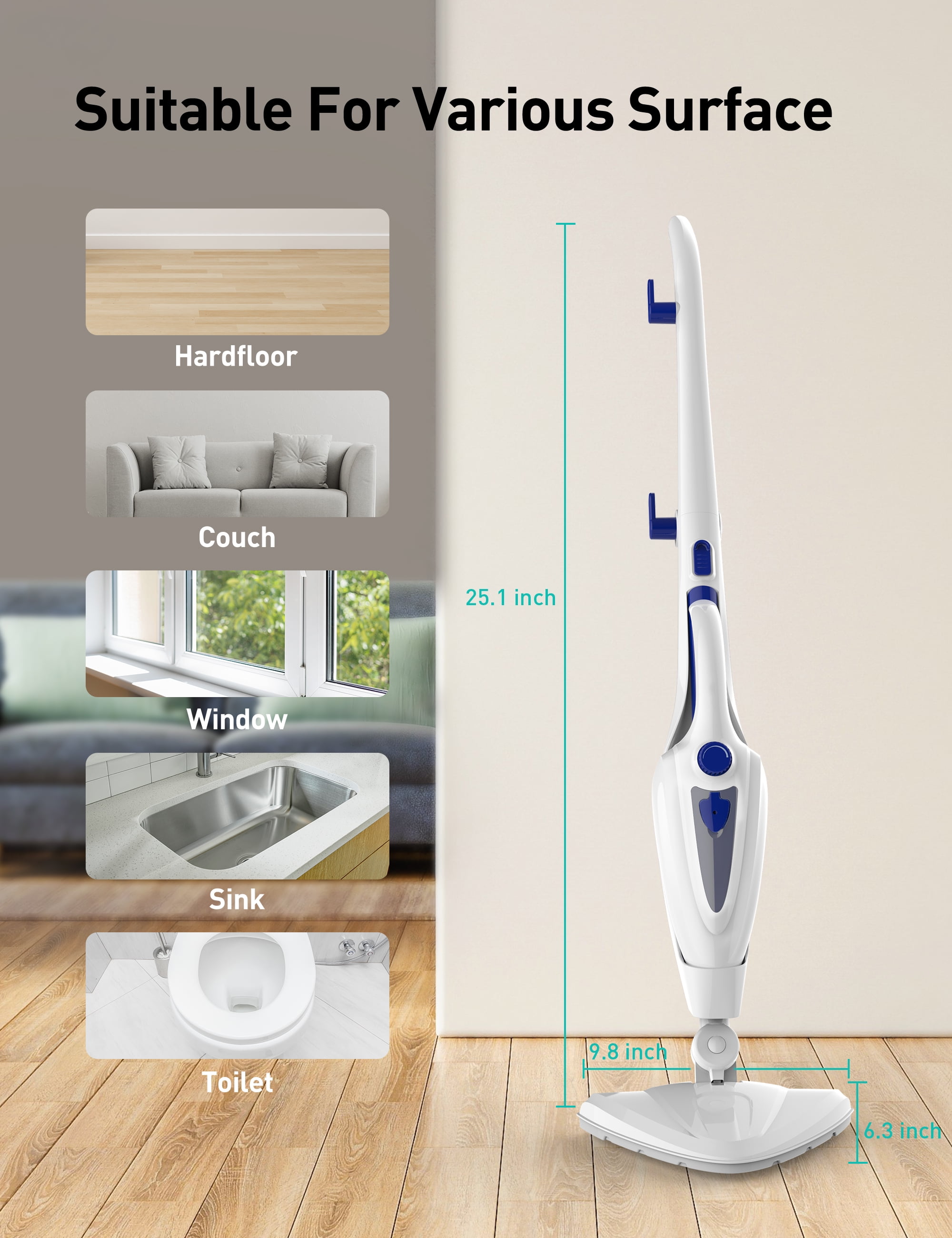 Steam Mop 12-in-1, 1500W Detachable Handheld Steam Cleaner, Fast 15s Heat-Up, 2 Dirt Grip Pads, Removes 99.99% Stubborn Stains for Hardwood Floors, Clothes, Windows, Tiles, Furniture, Blue