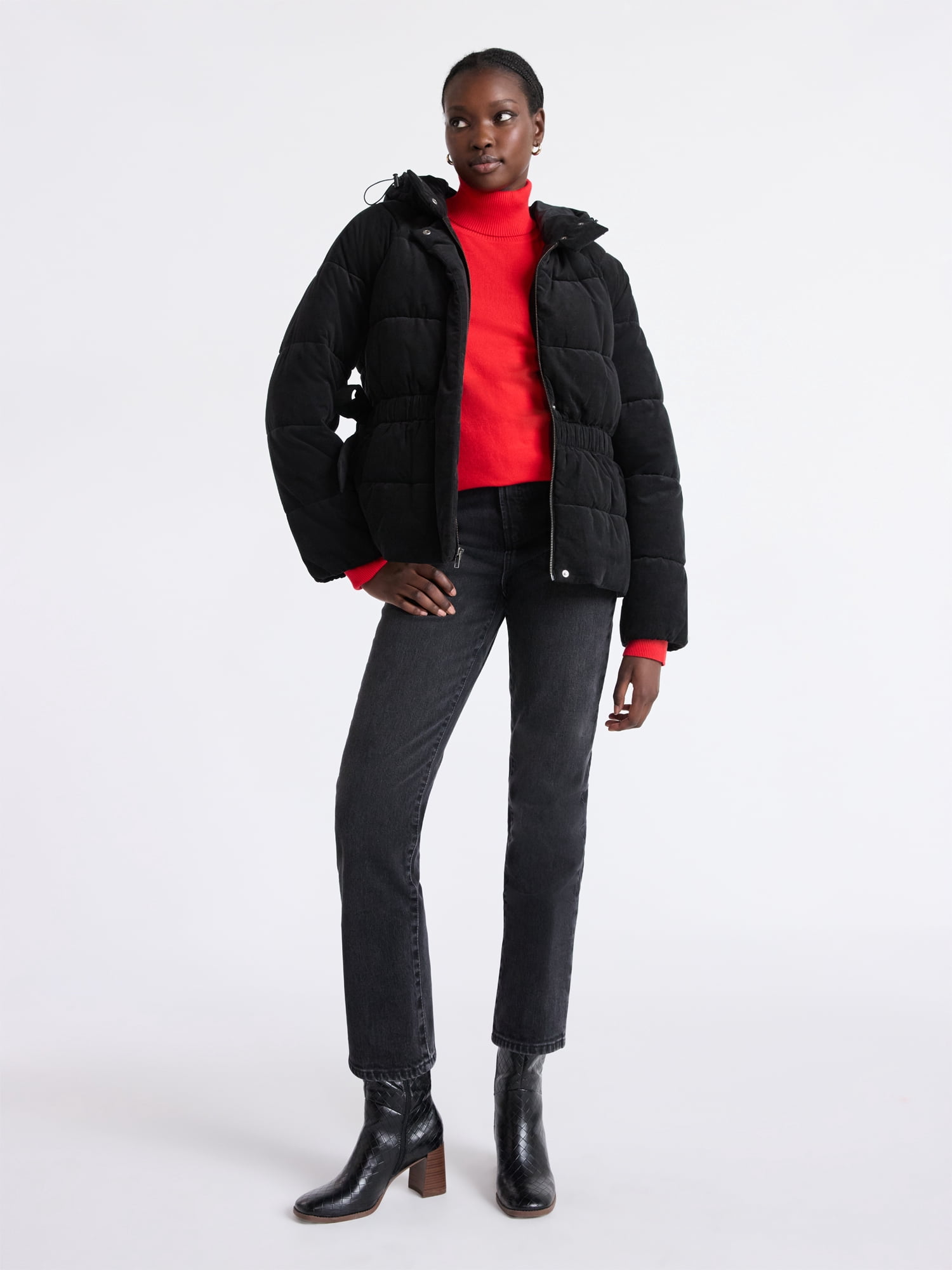 Free Assembly Women's Side Tie Puffer Jacket with Hood, Sizes XS-XXL