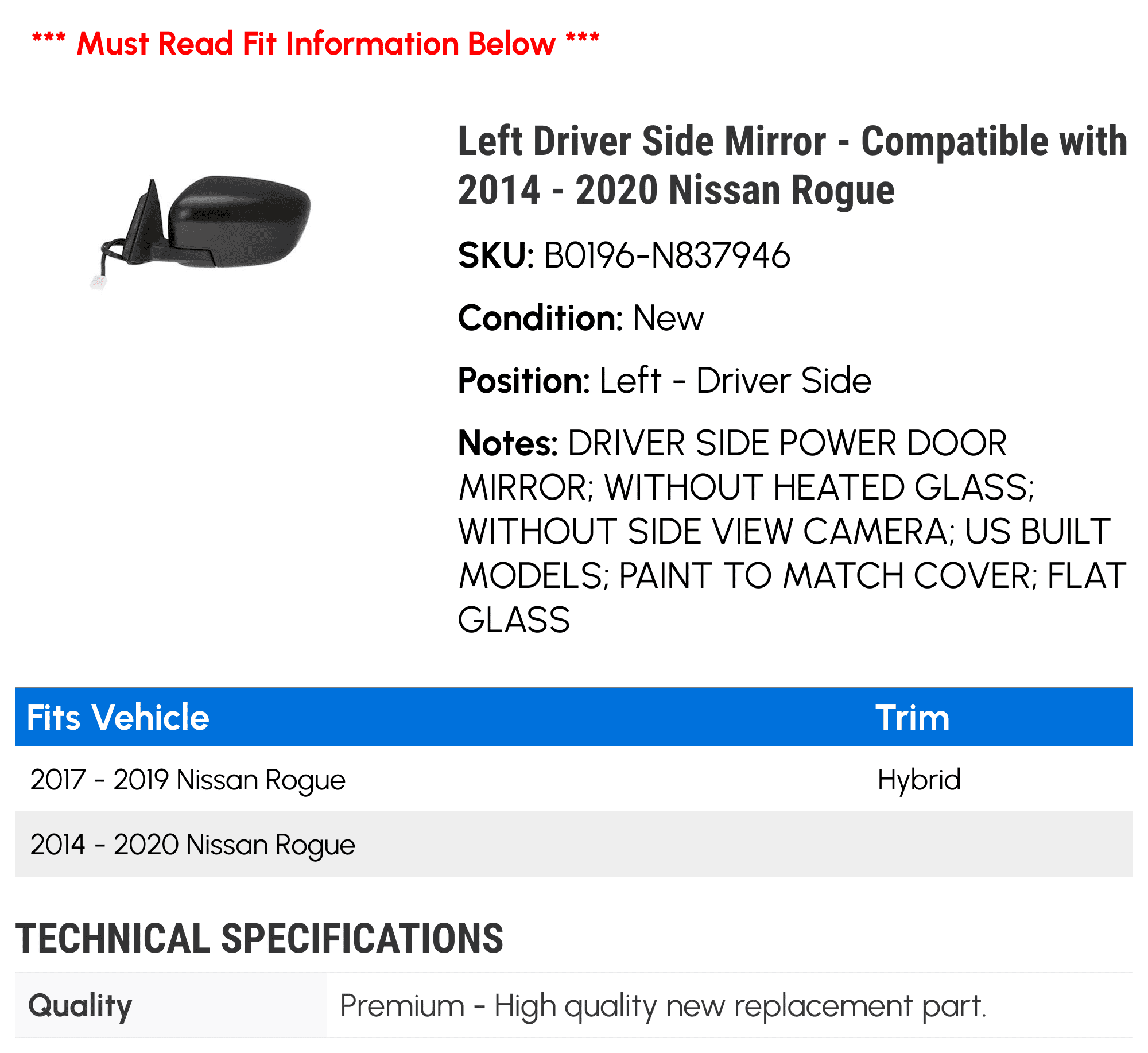 Left Driver Side Mirror - Compatible with 2014 - 2020 Nissan Rogue 2015 2016 2017 2018 2019