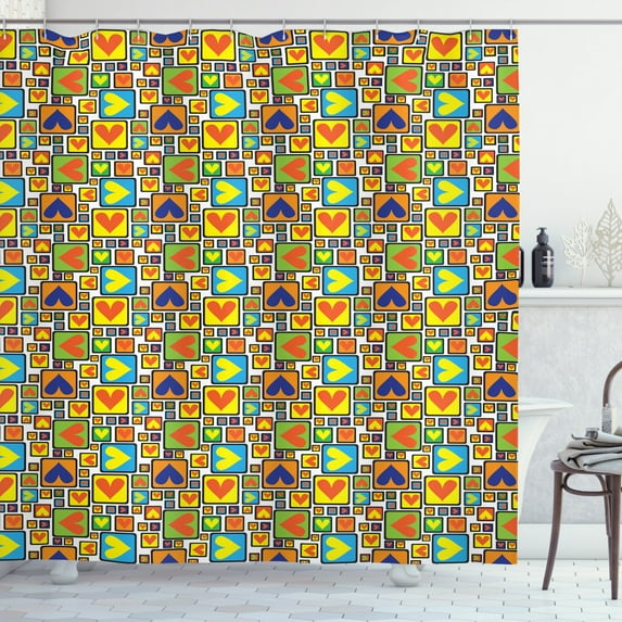 Hearts Shower Curtain, Valentine's Day Themed Symbols of Love in Colorful Frames Romantic Illustration, Fabric Bathroom Set with Hooks, 69W X 84L Inches Extra Long, Multicolor, by Ambesonne