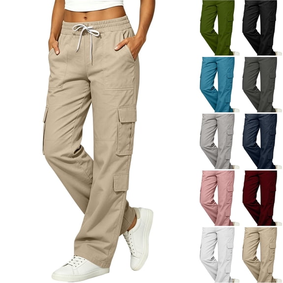 WULMLEO Cargo Pants for Women Wide Leg High Elastic Waist Y2K Pant Fall 2026 Casual Fall Plus Size Hiking Trousers with Pockets Khaki S