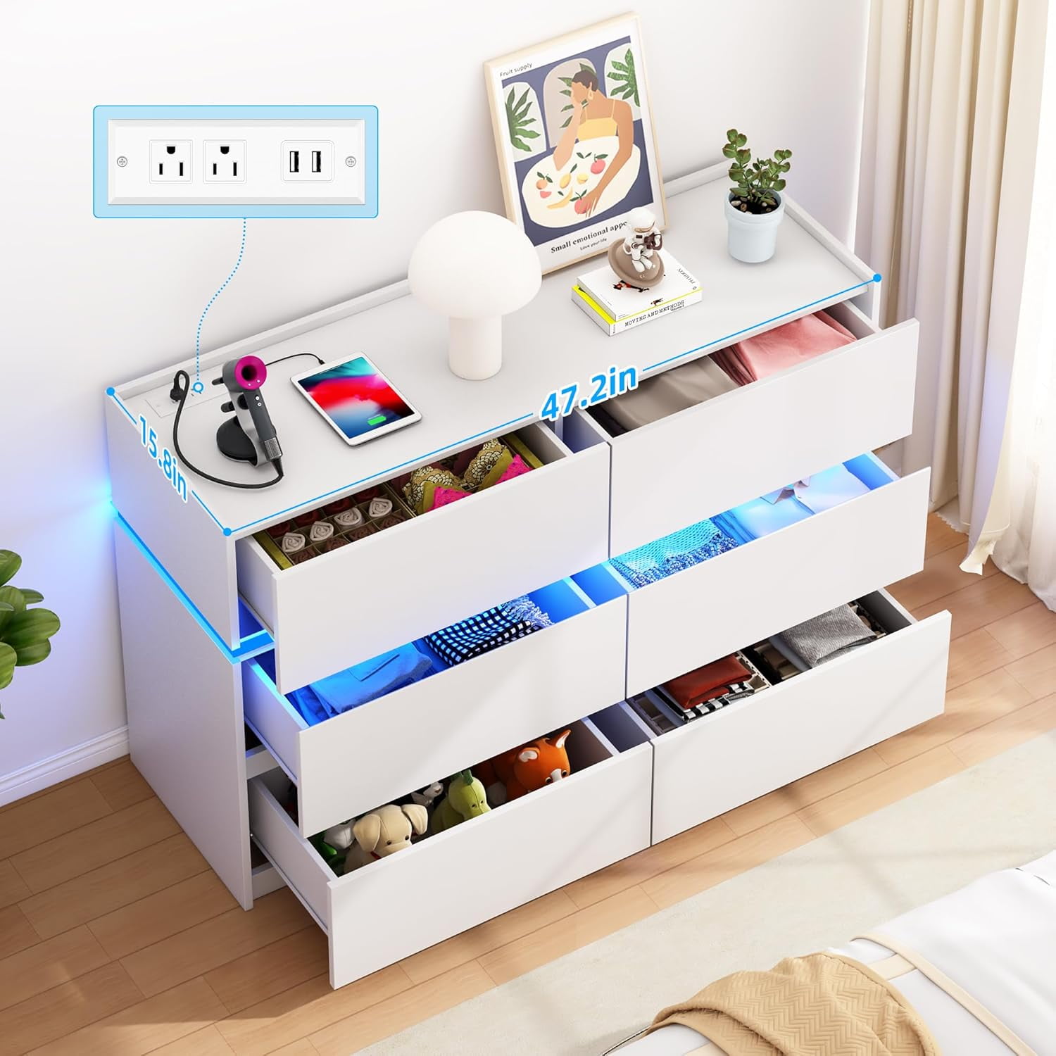 HAUXITIO 6 Drawer Dresser Chest with Charging Station and LED Lights for Bedroom, Modern TV Stand Cabinet, White