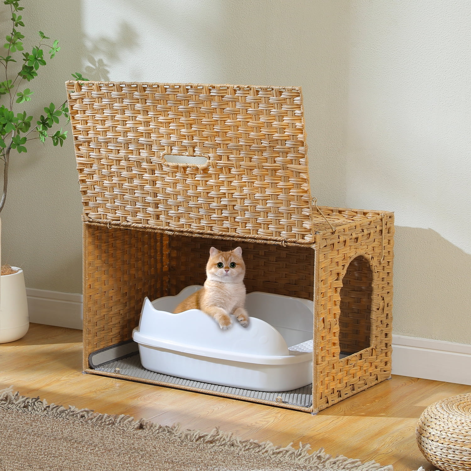PEQULTI Rattan Cat Litter Box Enclosure Pet House with Taller Doorway for Large Cats Indoor Beige