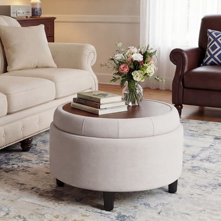 COLAMY Fabric Round Storage Ottoman with Reversible Wood Tray Lid Multi-Functional Hidden Storage Footstool and Small Coffee Table for Living Room Bedroom or Entryway Beige