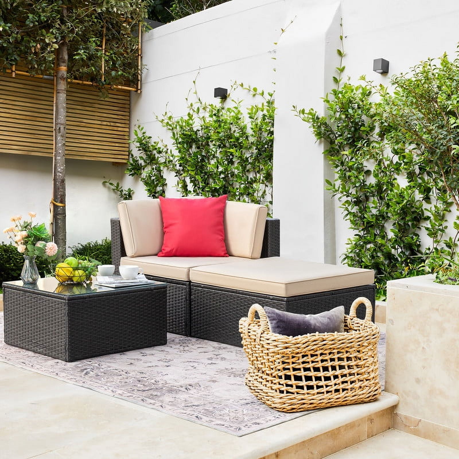 Devoko Outdoor Sectional Sofa PE Rattan Patio Furniture Sets with Cushions and Table,Beige