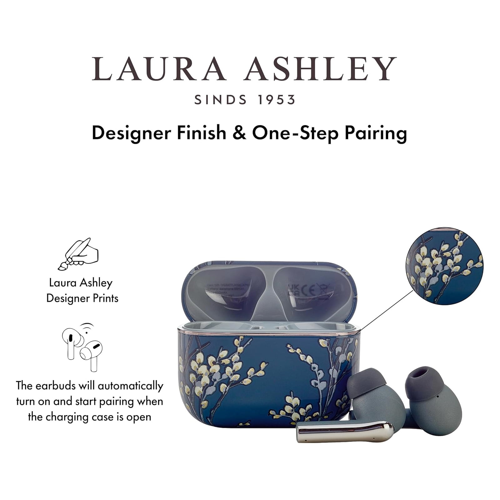 VQ Laura Ashley Skylark TWS Wireless Earbuds – Bluetooth 5.3 Earphones with Enhanced Noise Cancelling (ENC), 10-Hour Playtime, and 45-Hour Charging Case Backup – Pussy Willow Grey