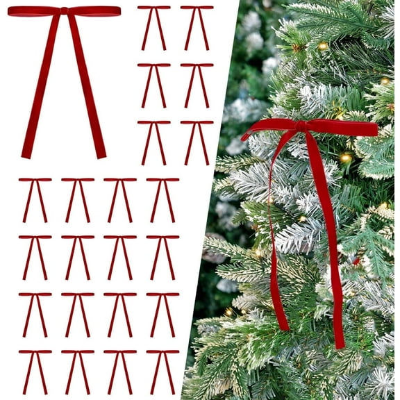 Natonhi 24 pcs Velvet Bows Christmas Tree Ornaments Vintage Ribbon Bows for Tree Garland Wreath(5 x 7 inch, Width of 3/8",Red)