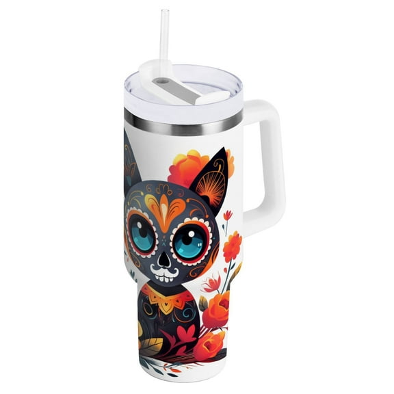 JSTEL Sugar Skull Cat Day Of Dead 40 oz Tumbler Stainless Steel Water Bottle Vacuum Insulated Cup with Straw Lid & Handle For Travel Car Cup Holder