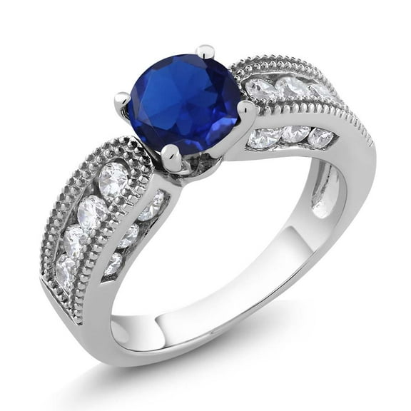 Gem Stone King 2.51 Ct Round Blue Created Sapphire 925 Sterling Silver Women's Engagement Ring (Size 6)
