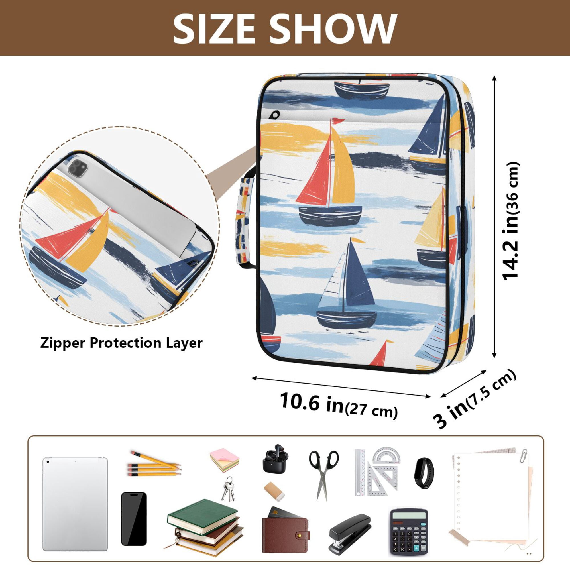 FORMRS Accordion File Folder A4 Size 7-Pocket Expanding Document Organizer Bag with 3 Ring Binder, Orange Hand Drawn Sailboats