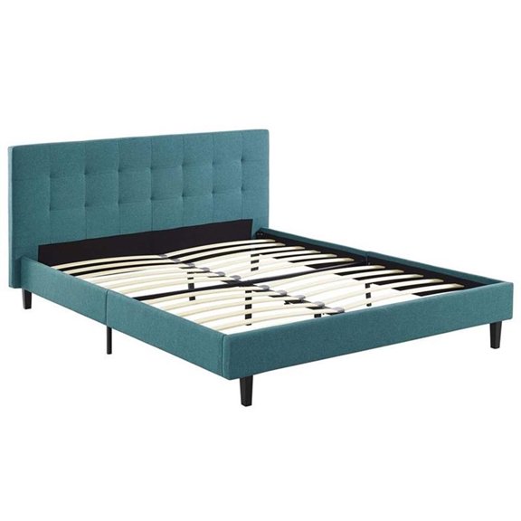 Pemberly Row Queen Modern Polyester Fabric and Wood Bed in Teal Blue