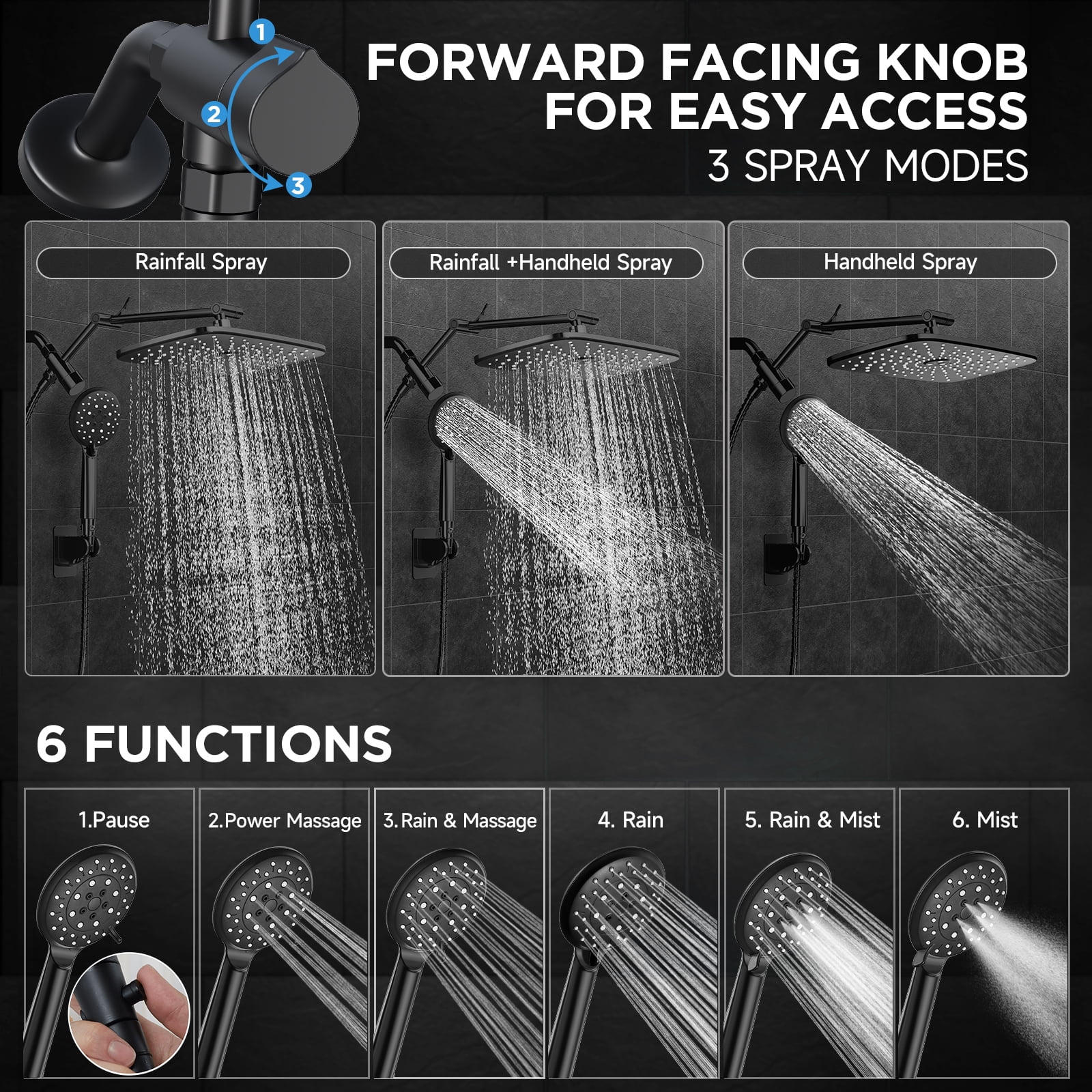 Veken Wide Rain Shower Head with Multi-Modes Handheld Water Spray,High Pressure Showerhead Combo with Arm for Bathroom Accessories,Home Decor Adjustable Dual Shower with Anti-Clog Nozzles,Matte Black