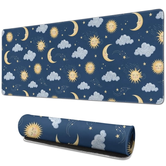 Long Mouse Pads for Desk,Dark Blue Sun Moon Cloud Star Pattern Desk Mats on Top Of Desks, Desk Mouse Pad Extra Large with 3mm Non-Slip Base and Stitched Edge for Gaming,Office,Work,Home 31.5"x11.8"