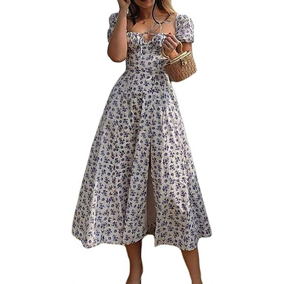 Namzi Women Summer Boho Wrap Dress, Bohemian Floral Printed Short Sleeve Split Beach Party Vintage Maxi Dress Square Neck Dress Light Blue, Medium