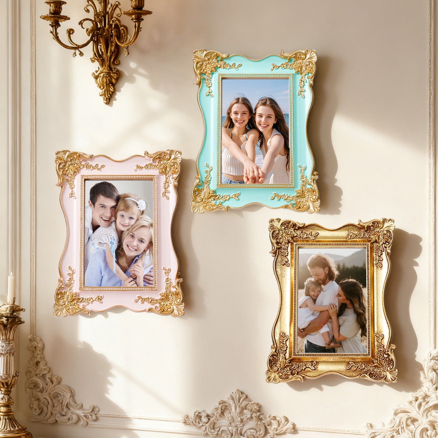 4x6in Vintage Ornate Picture Frame, French Rococo Style Resin Tabletop Photo Frame with Stand, Gold Relief Floral Design, Desktop Decor,Pink