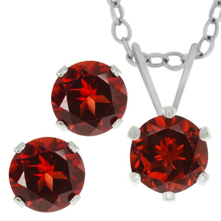 3.00 Ct Round 6mm Red Garnet 925 Sterling Silver Stud Earrings Pendant Set 18"