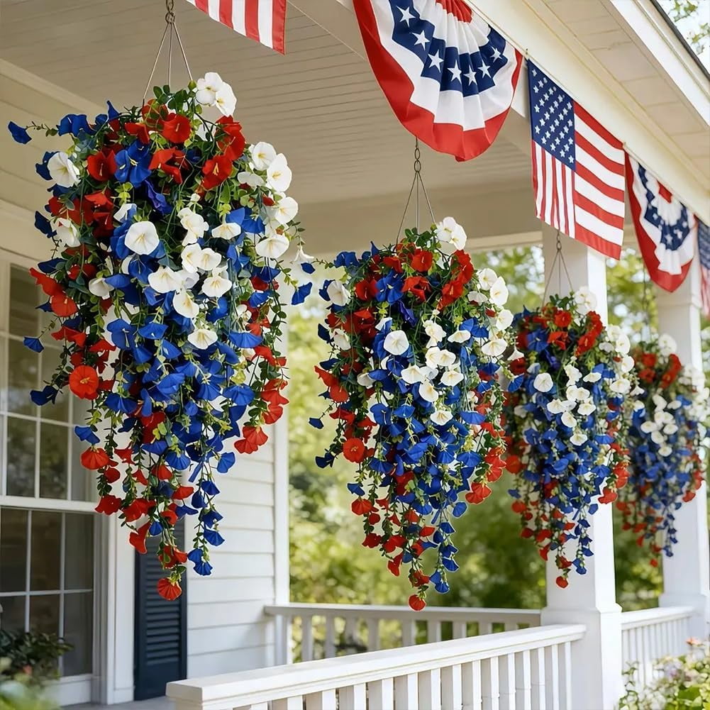 Patriotic Hanging Flower Baskets 2pcs Red White Blue Artificial Flowers Outdoor Fake Porch Trailing Flowers For 250th Anniversary Decor (2Pcs)