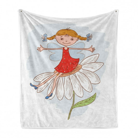 Retro Soft Flannel Fleece Throw Blanket, Illustration of a Ginger Girl with 2 Side Braided Hair Sitting on a Chamomile, Cozy Plush for Indoor and Outdoor Use, 60" x 80", Multicolor, by Ambesonne