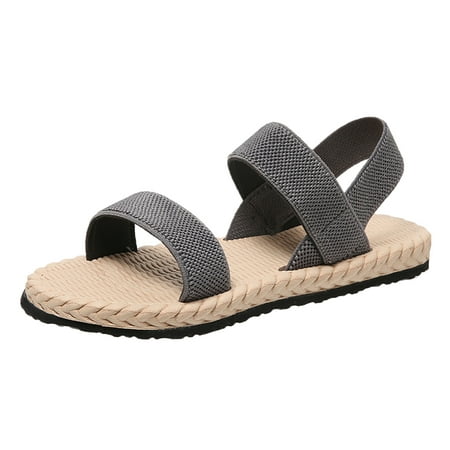 

YUHAOTIN Female Women s Sandals Cushion Ladies Summer Simple Solid Colour Elastic Straps Flat Bottom Outside Straw Linen Roman Shoes Large Size Sandals Clear Sandals for Women Black Sandals Women Heel