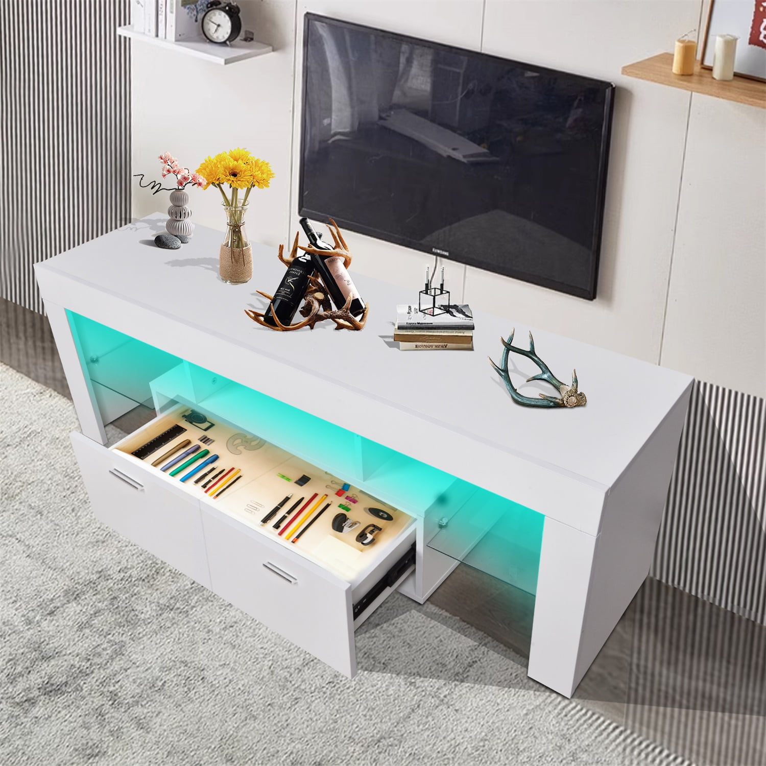 Hommoo 2 Drawers Modern TV stand with LED light, TV Media Console Entertainment Center with Storage, glass shelf Wood TV cabinet for Up to 75 inch, for Living room, Games room and bedroom, White