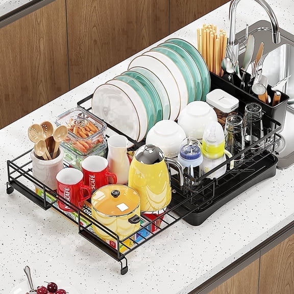 Kitchen dish drain rack, drain tray, bowl, cup, knife and fork and cutting board storage rack, black and white available