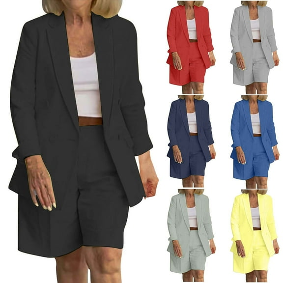 WRKEKC 2 Piece Sets for Women, Summer Outfits for Women, Ladies' Summer Solid Color Long Sleeve Lapel Blazers Cardigans and Short Pants Sets