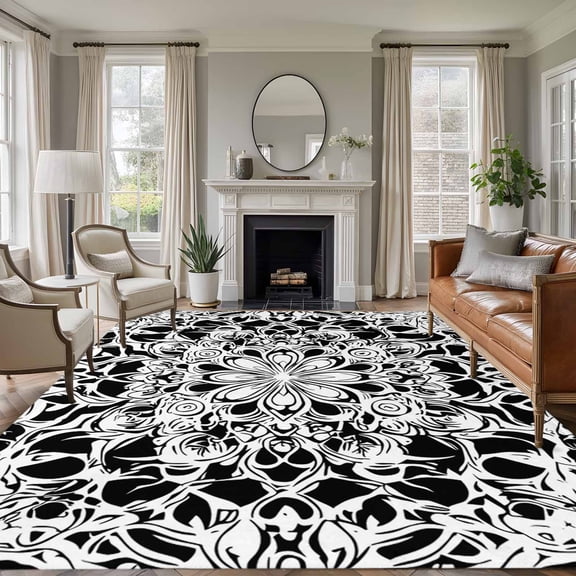 8x10 Area Rugs for Living Room, White Black Spring Floral Non Slip Area Rugs for Kitchen Bedroom Entryway, Abstract Art Summer Flower Washable Carpet Runner Rug Floor Mats for Bedroom Home Decor
