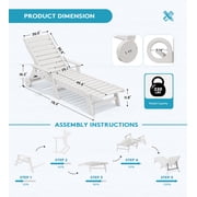 KINGYES Outdoor Chaise Lounge Chair, HDPE Patio Lounge Chair with Wheels & Cup Holder, 5-Position Adjustable Backrest, All-Weather Pool Lounger, White